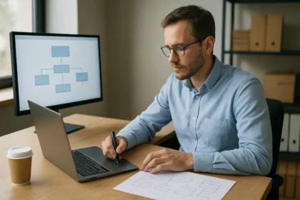 Férfi számítógép előtt, ODBC adatbázis diagramot készít