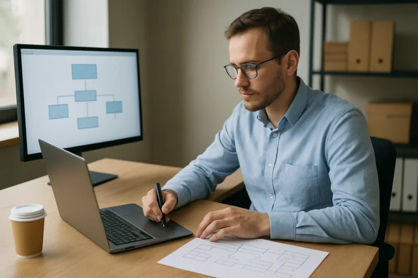 Férfi számítógép előtt, ODBC adatbázis diagramot készít