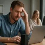 Férfi adatvesztés miatt aggódik számítógép előtt.