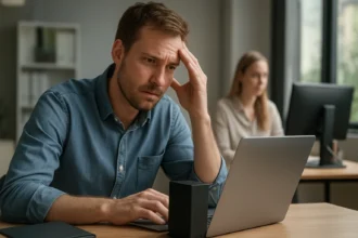 Férfi adatvesztés miatt aggódik számítógép előtt.