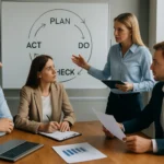 PDCA ciklus bemutatása egy üzleti megbeszélésen.