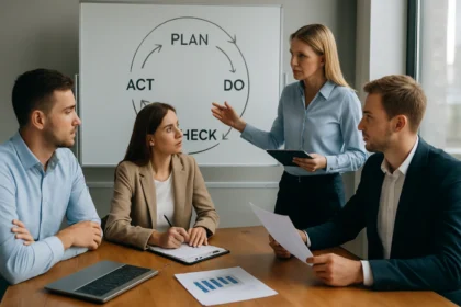 PDCA ciklus bemutatása egy üzleti megbeszélésen.