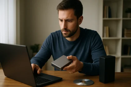 Férfi külső adathordozóval a laptop előtt, adatkezelés közben.