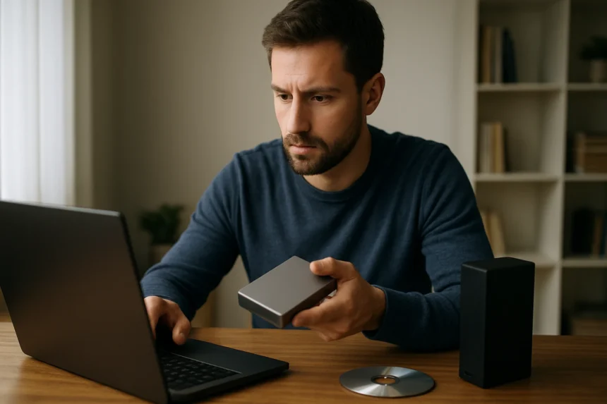 Férfi külső adathordozóval a laptop előtt, adatkezelés közben.