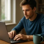 Fiatal férfi hordozható számítógépen dolgozik egy asztalnál.