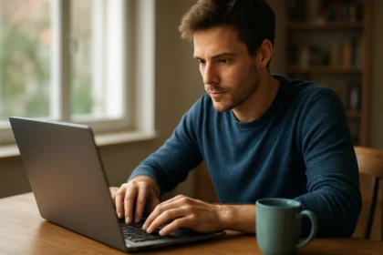 Fiatal férfi hordozható számítógépen dolgozik egy asztalnál.