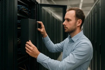 Szakember baffle telepítése egy adatközpontban a hűtés javítása érdekében