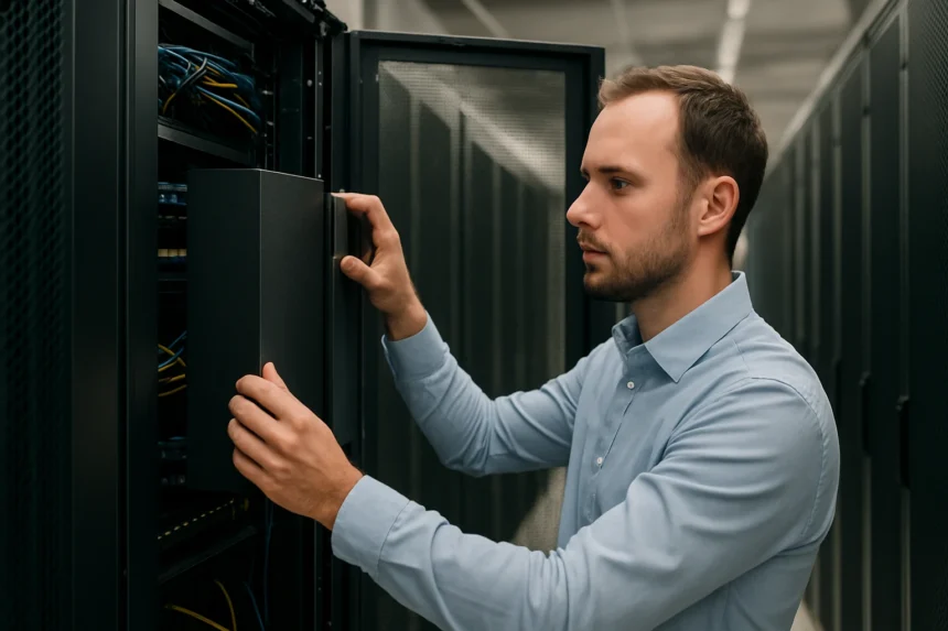 Szakember baffle telepítése egy adatközpontban a hűtés javítása érdekében