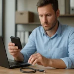 Férfi egy adatmentési készüléket használ laptop mellett.