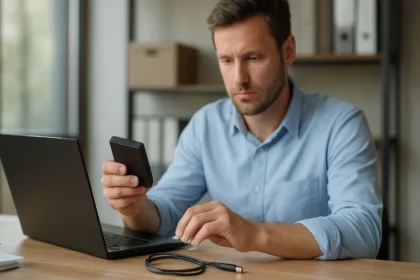 Férfi egy adatmentési készüléket használ laptop mellett.