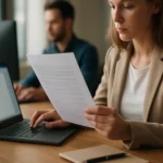 Nő digitális másolatot olvas laptop előtt modern irodában.