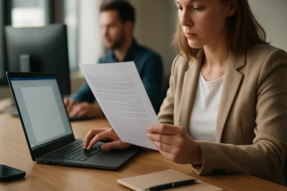 Nő digitális másolatot olvas laptop előtt modern irodában.
