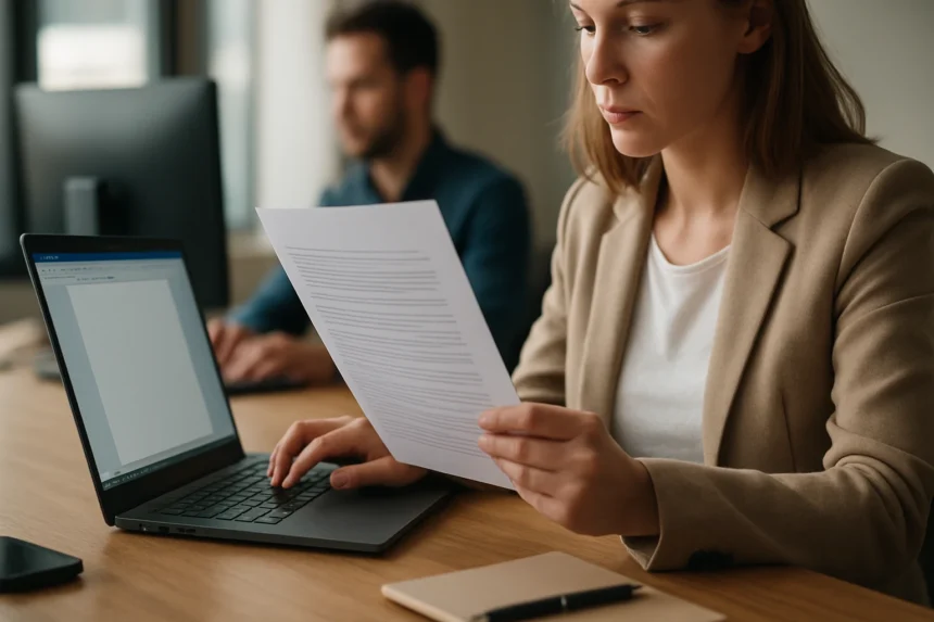 Nő digitális másolatot olvas laptop előtt modern irodában.