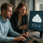 Felhőorchestrációt bemutató munkahelyi jelenet.