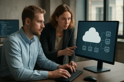 Felhőorchestrációt bemutató munkahelyi jelenet.