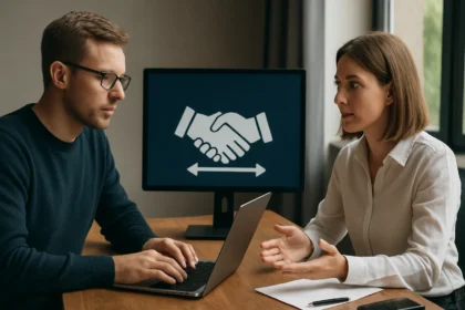 Két ember megbeszél egy távoli eljáráshívás (RPC) megoldást egy laptop előtt.