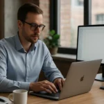 Férfi Apple laptopon dolgozik IT irodában.