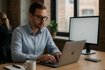 Férfi Apple laptopon dolgozik IT irodában.