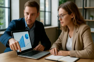 Két szakember adatokat elemeznek laptopon a munkahelyükön.