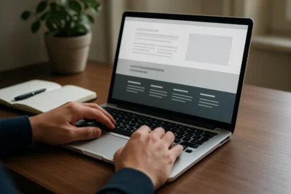 Weboldal lábléc kialakítását bemutató laptop és jegyzetfüzet