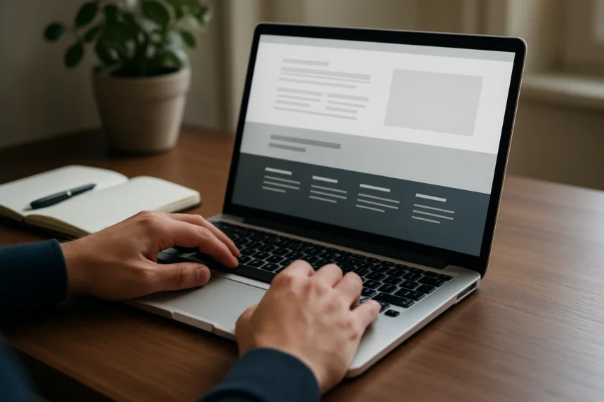 Weboldal lábléc kialakítását bemutató laptop és jegyzetfüzet