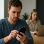 Férfi okostelefont használ egy modern irodai környezetben.