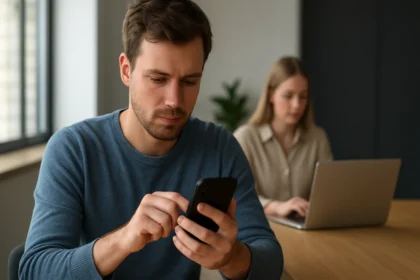 Férfi okostelefont használ egy modern irodai környezetben.