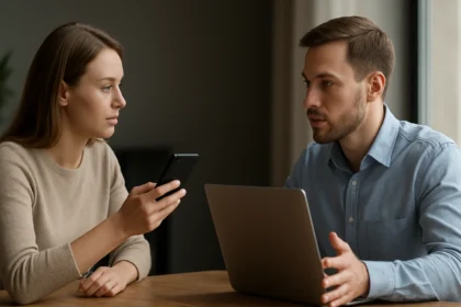 Két ember beszélget a kétirányú kommunikációról laptop és telefon segítségével.