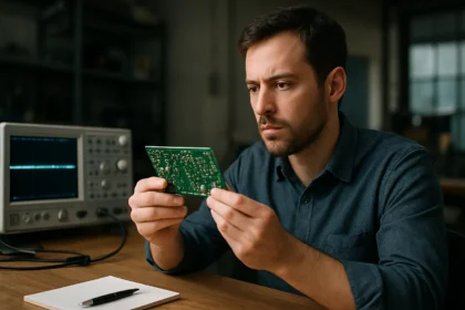 Férfi elektronikai áramkört elemez egy oszcilloszkóp közelében.