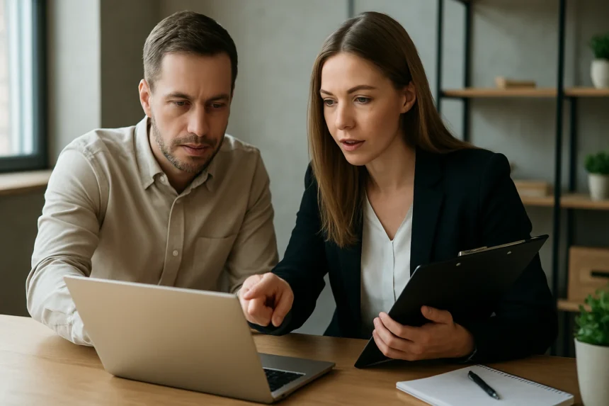 Két üzletember laptop előtt, a szoftver- és hardverértékesítés témájában dolgoznak.