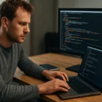 Programozó dolgozik beágyazott Tomcat webalkalmazásokkal.