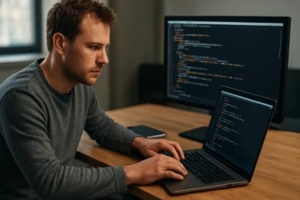 Programozó dolgozik beágyazott Tomcat webalkalmazásokkal.