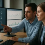 Két szakember a hálózati teljesítményfigyelés grafikonjait elemzi.