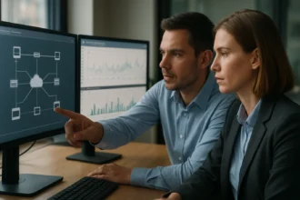 Két szakember a hálózati teljesítményfigyelés grafikonjait elemzi.