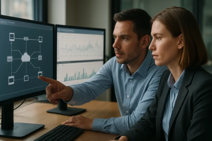 Két szakember a hálózati teljesítményfigyelés grafikonjait elemzi.