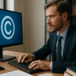 Férfi jogász számítógépnél a szerzői jog védelméről.