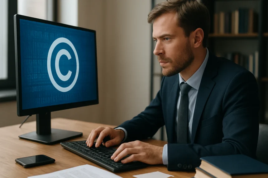Férfi jogász számítógépnél a szerzői jog védelméről.