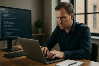 Programozó dolgozik a konfigurálásról képernyő előtt.