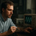 Férfi egy oszcilloszkóppal, frekvencia vizsgálata a fizikában.