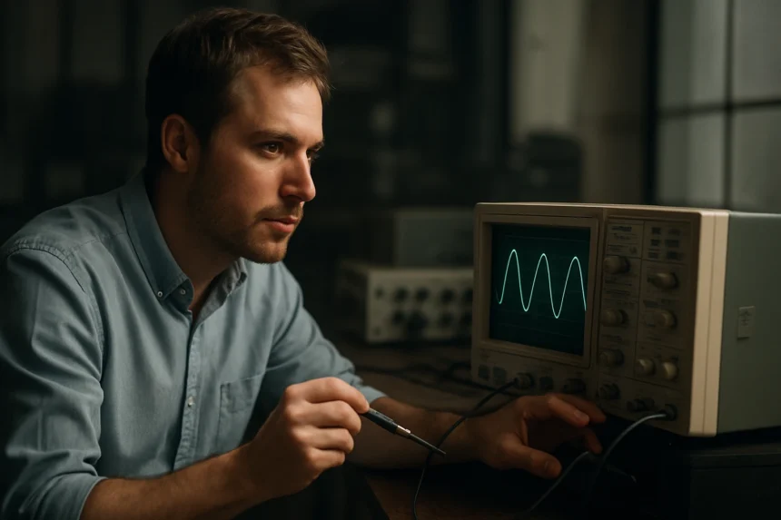 Férfi egy oszcilloszkóppal, frekvencia vizsgálata a fizikában.