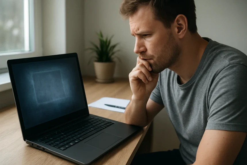 Férfi aggódik a laptop kijelzőjén megjelenő beégés miatt.