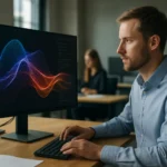 Férfi a számítógépnél, NeRF technológiát vizsgálva