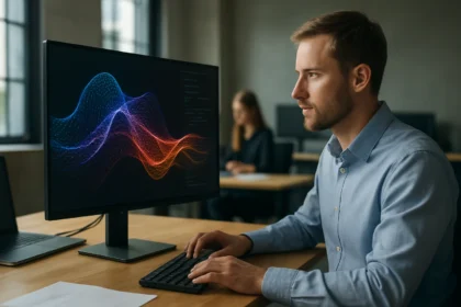 Férfi a számítógépnél, NeRF technológiát vizsgálva