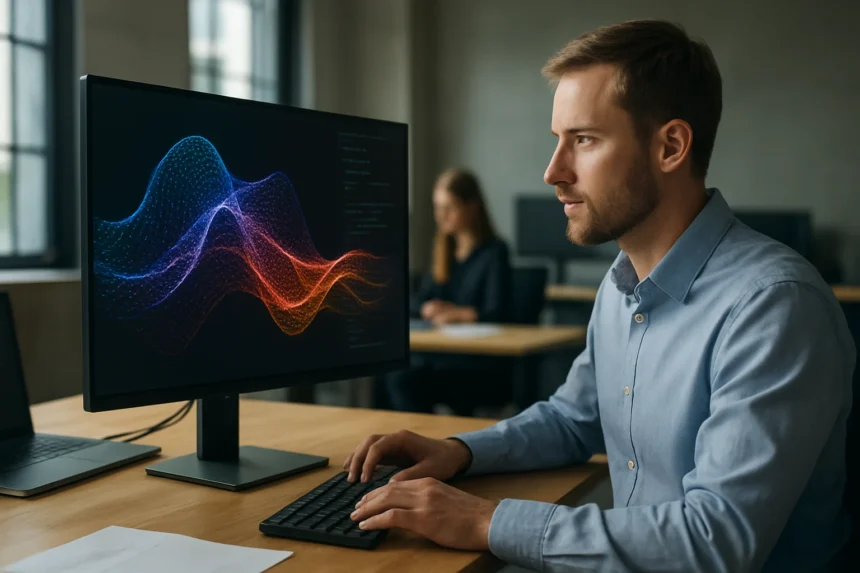 Férfi a számítógépnél, NeRF technológiát vizsgálva