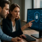 Kiberbiztonsági szakértők elemzik a biztonsági információkat számítógépen.