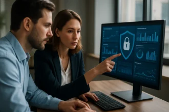 Kiberbiztonsági szakértők elemzik a biztonsági információkat számítógépen.