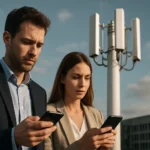 Két szakember mobiltelefonokat használ egy 5G bázisállomás közelében.