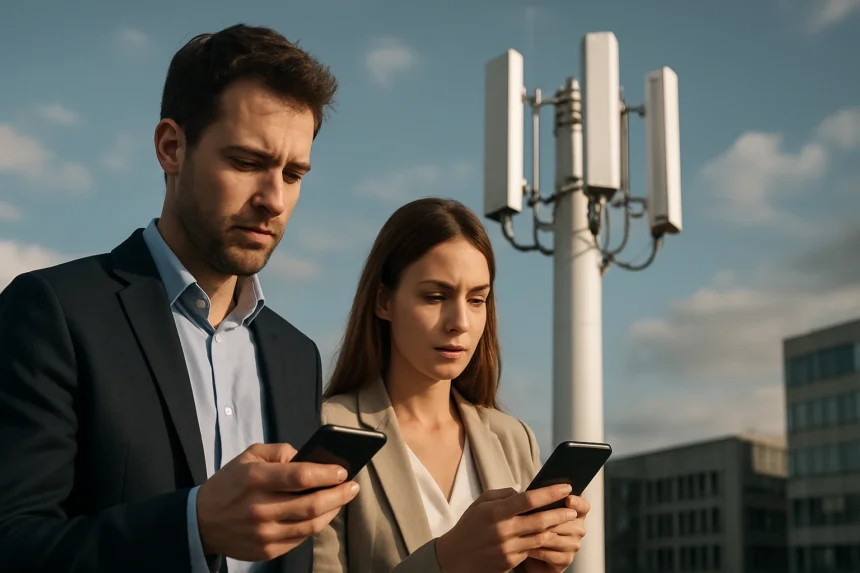 Két szakember mobiltelefonokat használ egy 5G bázisállomás közelében.