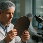 Chipgyártó szakember nanométeres félvezető lapkát vizsgál.