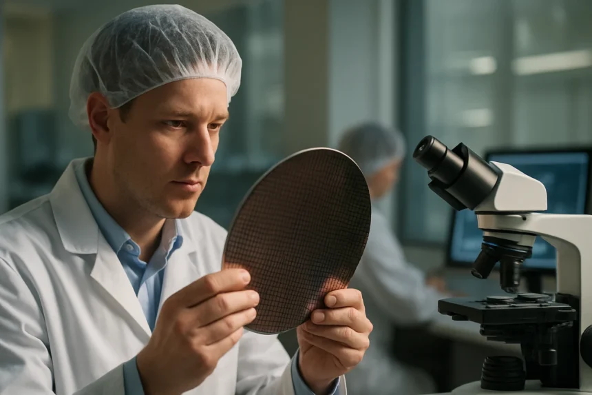 Chipgyártó szakember nanométeres félvezető lapkát vizsgál.